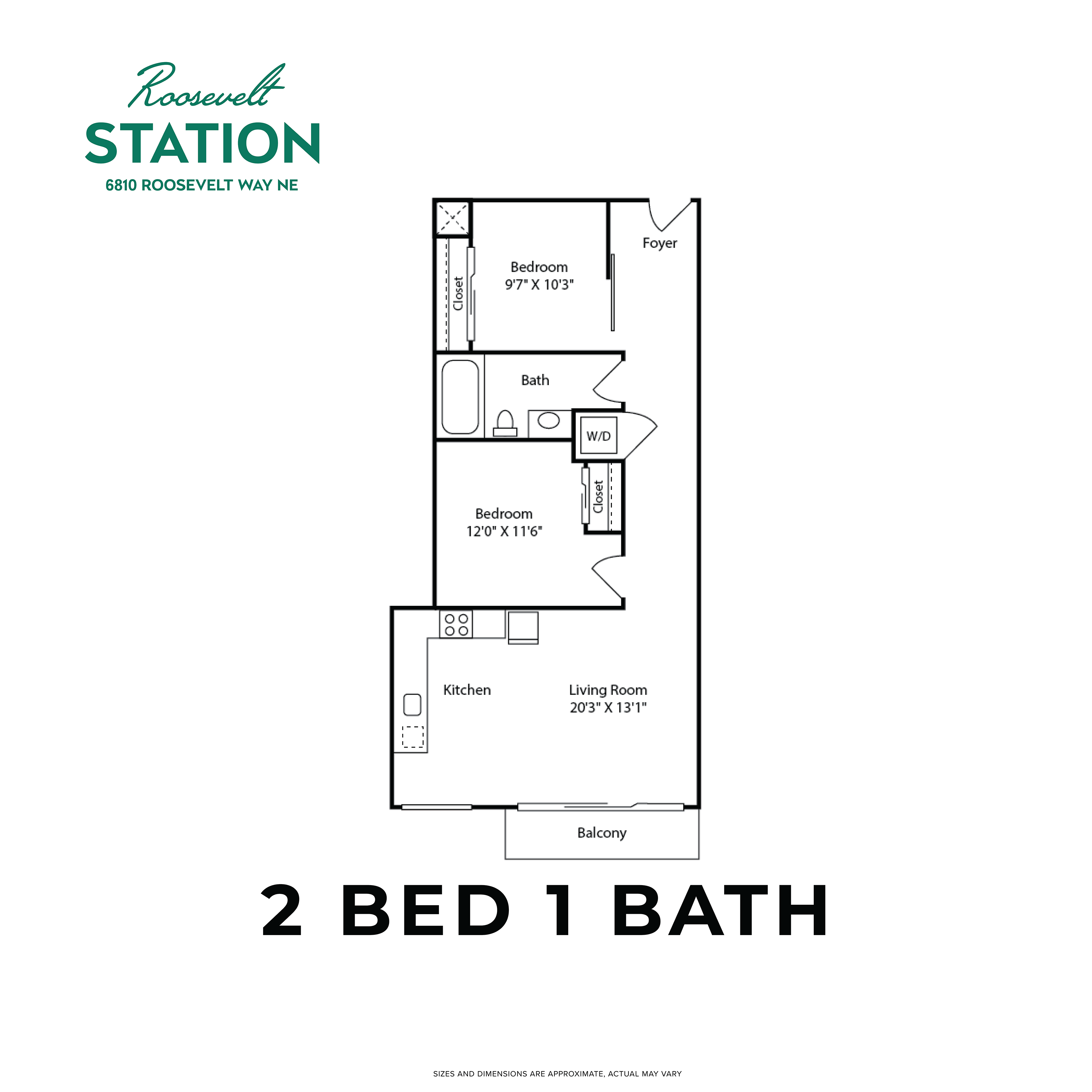 Floor plan for 2 beds, 1 bath, 808 sqft